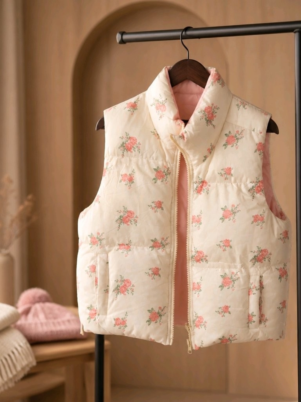 Floral Quilted Puffer Vest - Cream with Pink Roses
